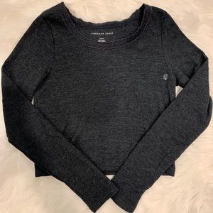Grey American Eagle Long Sleeve with Lace Trim